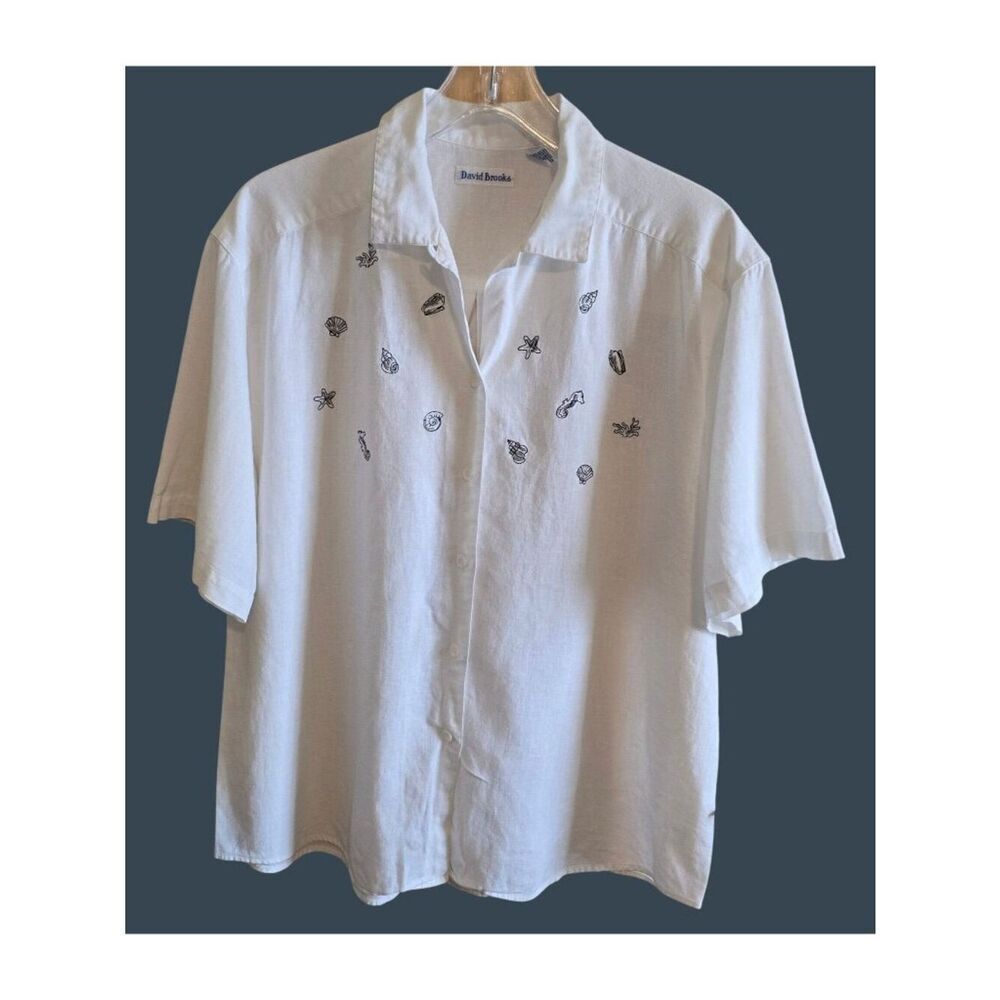 White Coastal-Themed Button-Up linen shirt preppy Nautical beach boho
